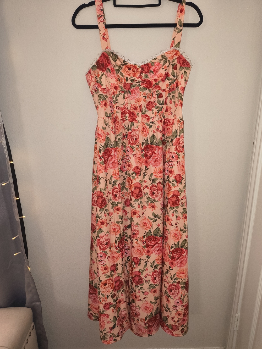 Floral Cottagecore Corset Midi Dress Pink Rose Print Size Large